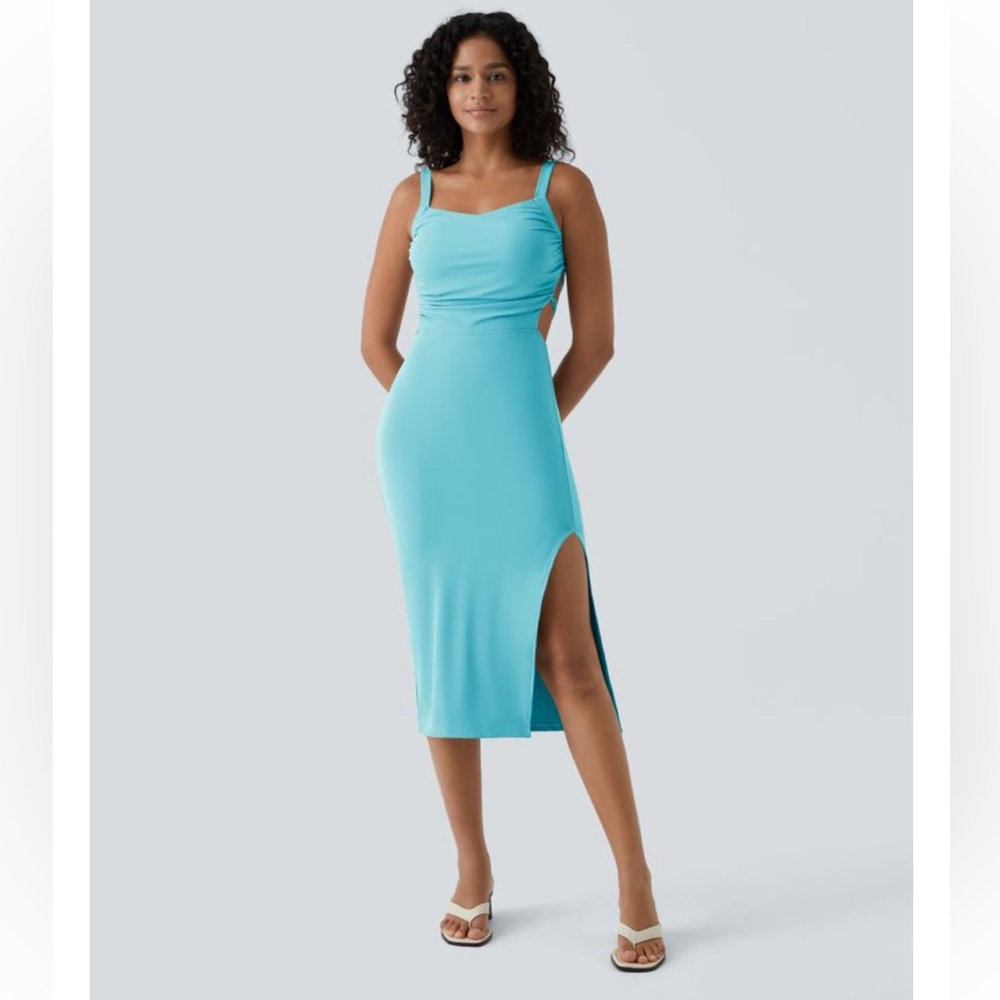 Halara Ruched Backless Lace Up Split Bodycon Midi… - image 1